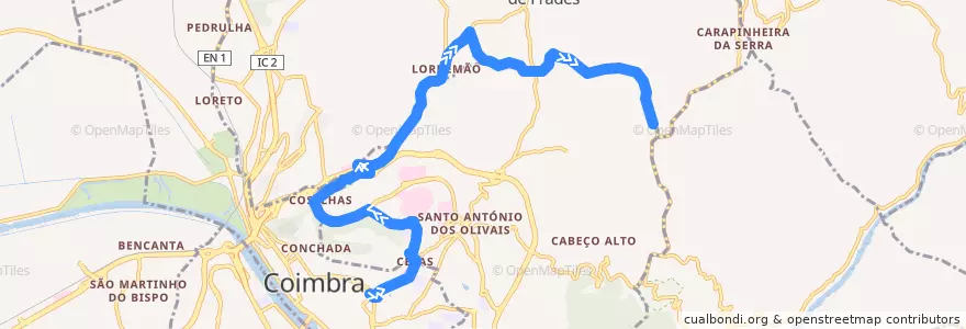 Mapa del recorrido 19T: Praça da República => Lordemão => Cova do Ouro de la línea  en Coïmbre.