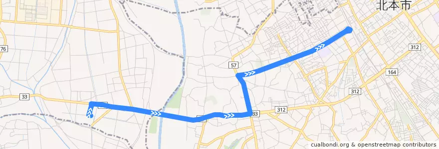 Mapa del recorrido KI-31 北本駅西口～荒川荘 de la línea  en 北本市.