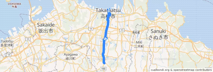 Mapa del recorrido 高松駅 => 仏生山・岩崎 de la línea  en 高松市.