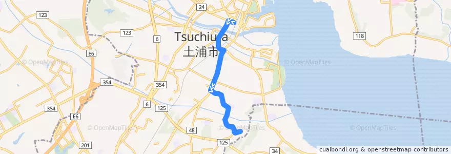 Mapa del recorrido 関東鉄道バス 土浦駅⇒烏山団地 de la línea  en Tsuchiura.