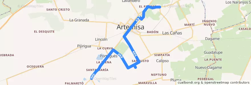 Mapa del recorrido Ruta 104 Manga Central => Artemisa => Puerta de la Guira de la línea  en Artemisa.