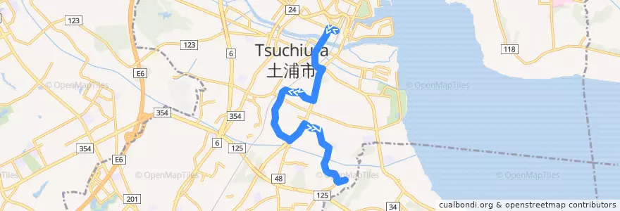 Mapa del recorrido 関東鉄道バス 土浦駅⇒桜ヶ丘⇒烏山団地 de la línea  en 土浦市.