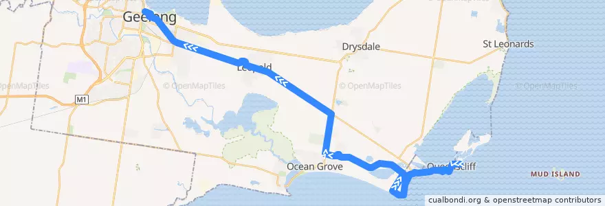 Mapa del recorrido Bus 56: Queenscliff => Ocean Grove => Geelong Station de la línea  en Victoria.