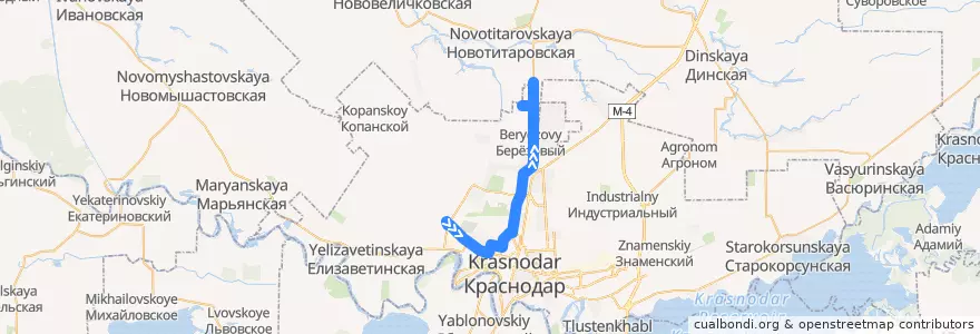 Mapa del recorrido Автобус №105А: Ул. Западный Обход (гипермаркет "Лента") => СПК "Прогресс" de la línea  en Krasnodar Municipality.