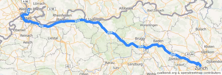 Mapa del recorrido Flixbus N99: Paris, Bercy Seine => Zürich HB (Carpark Sihlquai) de la línea  en 스위스.