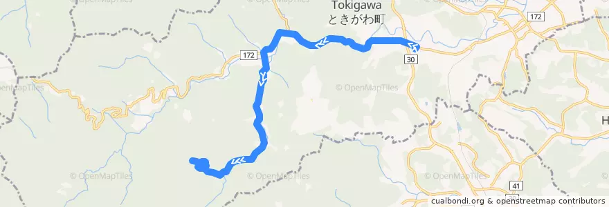 Mapa del recorrido ときがわ町路線バス せせらぎバスセンター～日向根 de la línea  en 都幾川町.