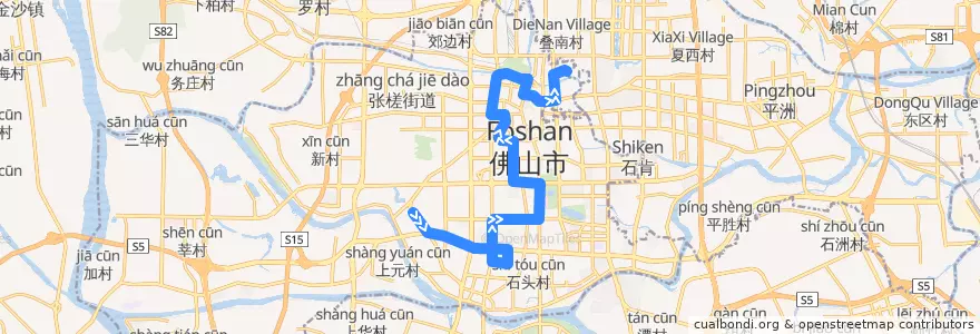 Mapa del recorrido 126路（禅城区中心医院-鲤鱼沙） de la línea  en 禅城区 (Chancheng).