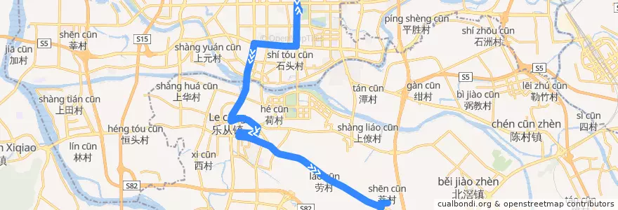 Mapa del recorrido 103路（岭南大道公交枢纽站-乐从莘村） de la línea  en 仏山市.