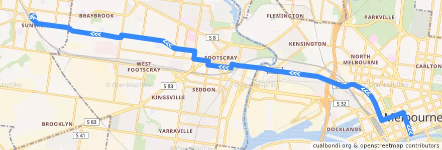 Mapa del recorrido Bus 216: City (Queen Street) => Dynon Road => Sunshine Station de la línea  en ولاية فيكتوريا.