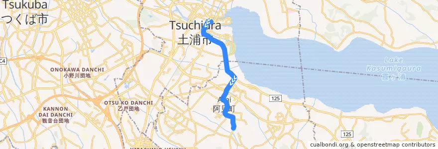 Mapa del recorrido 関東鉄道バス 土浦駅⇒阿見中央公民館 de la línea  en Ибараки.