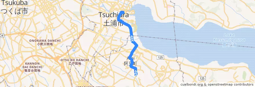 Mapa del recorrido 関東鉄道バス 阿見中央公民館⇒土浦駅 de la línea  en 이바라키현.