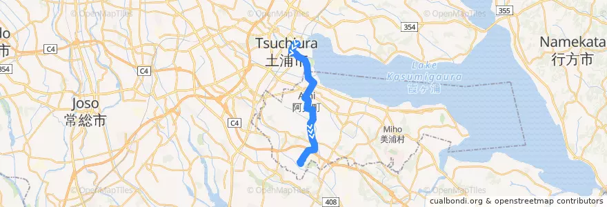 Mapa del recorrido 関東鉄道バス 土浦駅⇒阿見中央公民館⇒福田 de la línea  en 이바라키현.