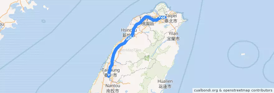 Mapa del recorrido 台灣高鐵 567 南港->台中 de la línea  en Taiwán.