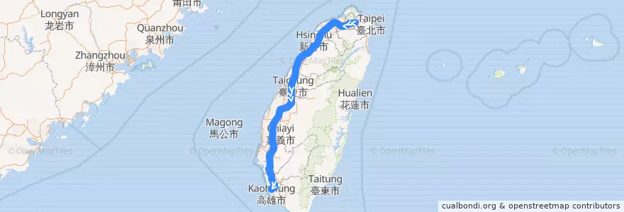 Mapa del recorrido 台灣高鐵 1327 南港->左營 de la línea  en Taïwan.