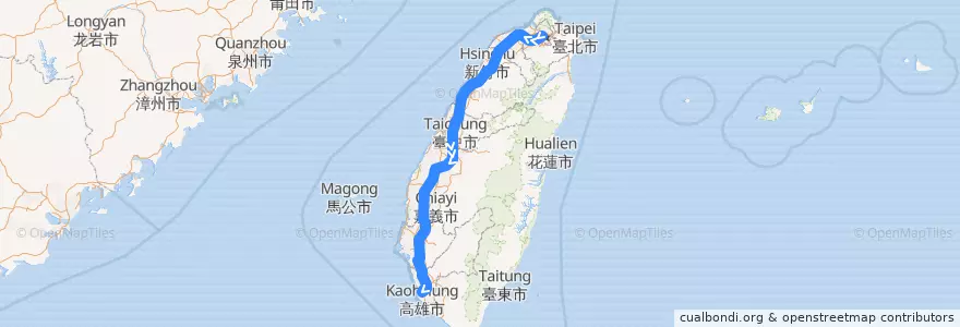 Mapa del recorrido 台灣高鐵 203 台北->左營 de la línea  en Taiwan.