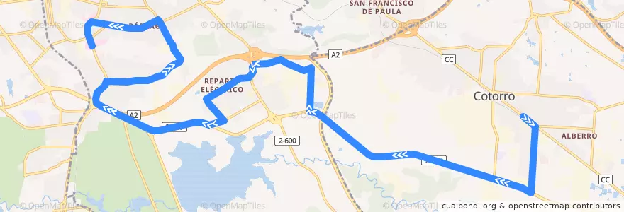 Mapa del recorrido Ruta ómnibus A19 Cotorro - Hospital Julio Trigo de la línea  en La Havane.
