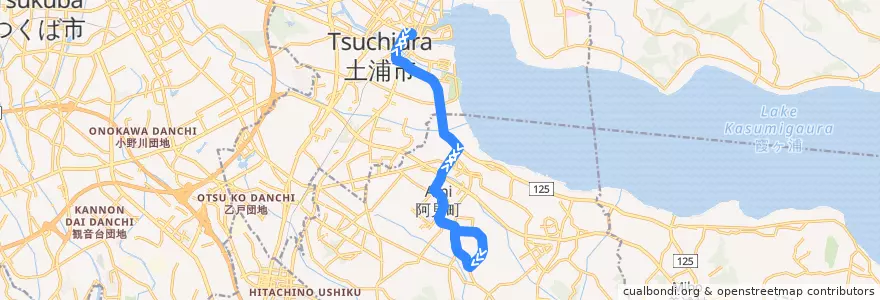 Mapa del recorrido 関東鉄道バス 土浦駅⇒若栗循環 de la línea  en 이바라키현.