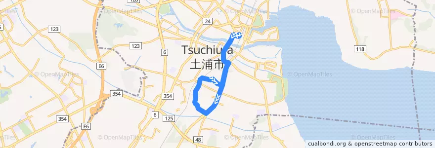 Mapa del recorrido 関東鉄道バス 土浦駅⇒小岩田循環 de la línea  en 土浦市.