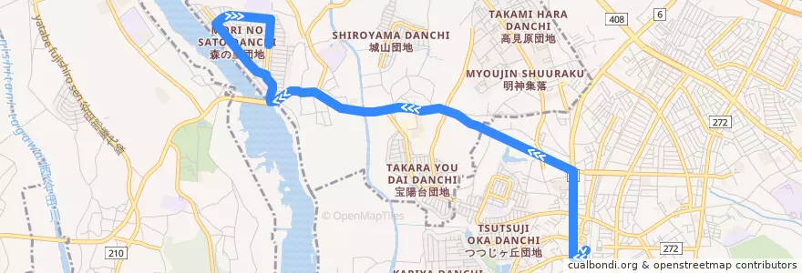Mapa del recorrido 関東鉄道バス 牛久駅西口⇒森の里団地 de la línea  en Prefectura de Ibaraki.