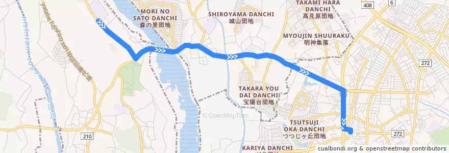 Mapa del recorrido 関東鉄道バス 茎崎高校⇒牛久駅西口 de la línea  en Ибараки.