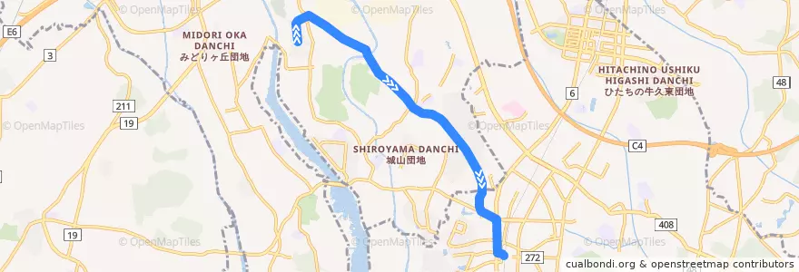 Mapa del recorrido 関東鉄道バス 桜ヶ丘団地⇒牛久駅西口 de la línea  en 이바라키현.