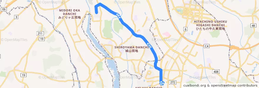 Mapa del recorrido 関東鉄道バス 牛久駅西口⇒桜ヶ丘団地 de la línea  en Préfecture d'Ibaraki.