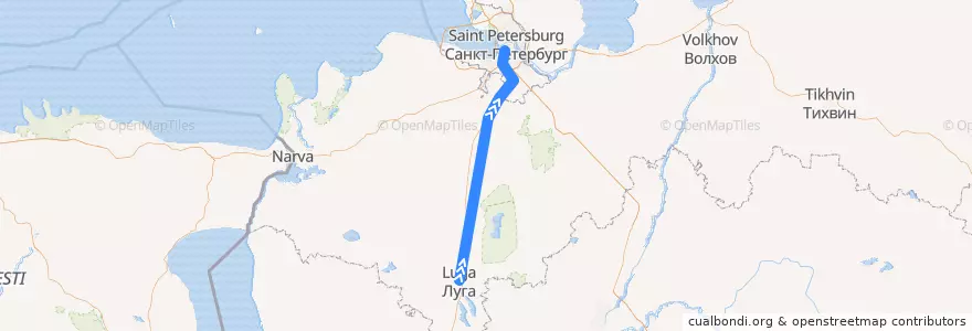 Mapa del recorrido Луга - Санкт-Петербург de la línea  en Óblast de Leningrado.