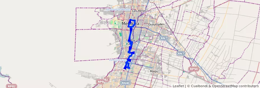Mapa del recorrido 11 - Bº 21 de Julio - Morales - Figueroa Alcorta - Bº 21 de Julio - Casa de Gob. de la línea G01 en Mendoza.