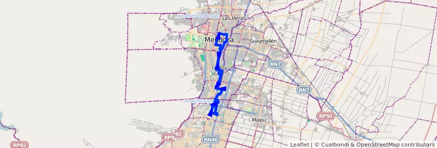 Mapa del recorrido 11 - Bº 21 de Julio - Morales - Figueroa Alcorta - Bº 21 de Julio de la línea G01 en Mendoza.