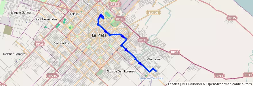 Mapa del recorrido 11 de la línea Este en Partido de La Plata.