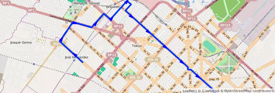 Mapa del recorrido 11 de la línea Norte en Partido de La Plata.