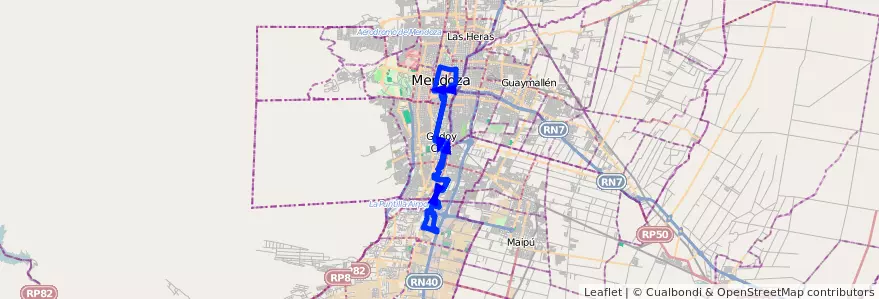 Mapa del recorrido 11 - Morales - Figueroa Alcorta - Bº 21 de Julio - Casa de Gob. de la línea G01 en Mendoza.
