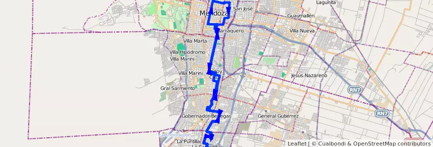 Mapa del recorrido 11 - Morales-Figueroa Alcorta con C. GOB de la línea G01 en Mendoza.