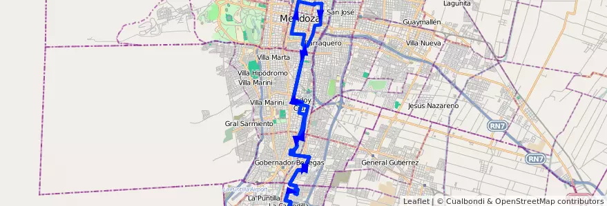 Mapa del recorrido 11 - Morales-Figueroa Alcorta de la línea G01 en メンドーサ州.