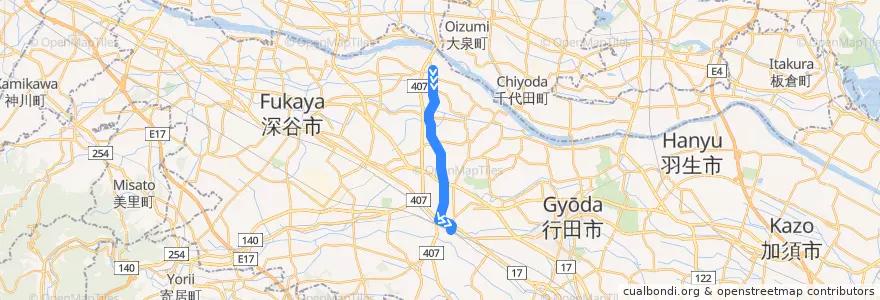 Mapa del recorrido 朝日バスKM64系統 妻沼聖天前⇒上根（旧道経由）⇒熊谷駅 de la línea  en 熊谷市.