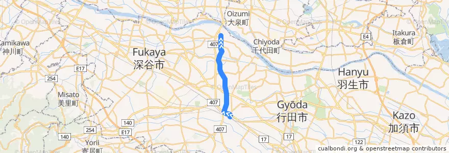Mapa del recorrido 朝日バスKM64系統 熊谷駅⇒上根（旧道経由）⇒妻沼聖天前 de la línea  en 熊谷市.