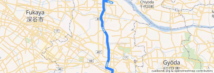 Mapa del recorrido 朝日バスKM65系統 妻沼⇒上根（旧道経由）⇒熊谷駅 de la línea  en 熊谷市.