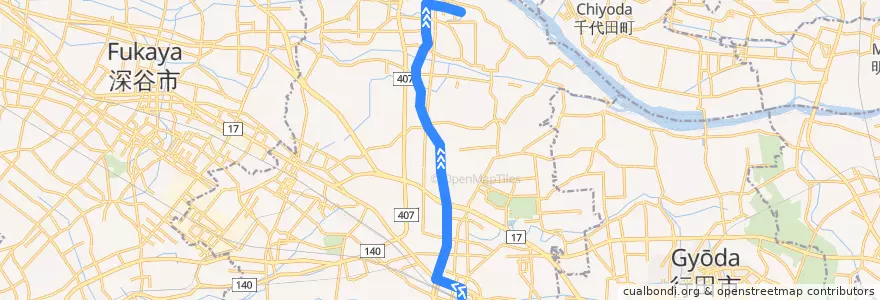 Mapa del recorrido 朝日バスKM65系統 熊谷駅⇒上根（旧道経由）⇒妻沼 de la línea  en 熊谷市.