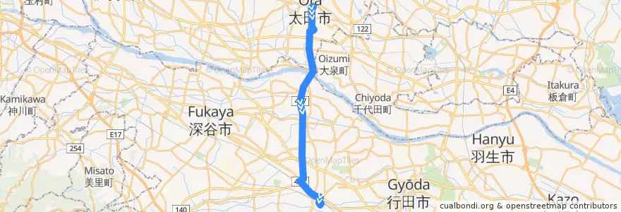 Mapa del recorrido Ota-Cityシャトル500 太田駅南口⇒BUSターミナルおおた⇒熊谷駅南口 de la línea  en 日本.