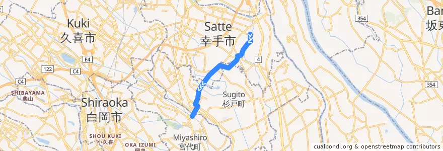 Mapa del recorrido 朝日バスTD02系統 吉田橋⇒東武動物公園駅 de la línea  en Prefectura de Saitama.