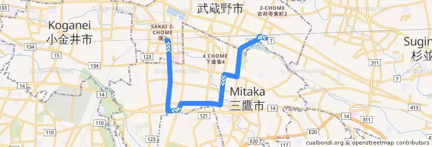 Mapa del recorrido Bus 境92 吉祥寺駅->武蔵境駅 de la línea  en 東京都.