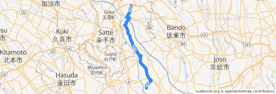Mapa del recorrido 朝日バスKW04系統 境車庫⇒関宿中央ターミナル⇒川間駅 de la línea  en Japonya.