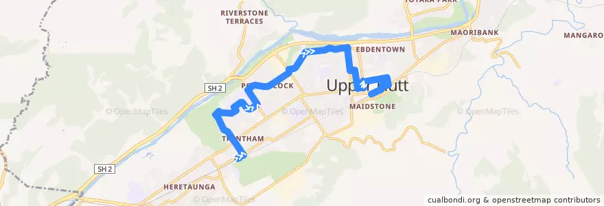 Mapa del recorrido Bus 114: Trentham => Elderslea => Upper Hutt de la línea  en Upper Hutt City.