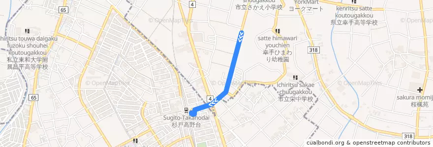 Mapa del recorrido 朝日バスST04系統 幸手団地⇒杉戸高野台駅 de la línea  en Prefectura de Saitama.