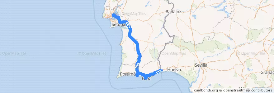 Mapa del recorrido Flixbus 785: Sevilla, Plaza de Armas => Lissabon, Busbahnhof Oriente de la línea  en Portekiz.