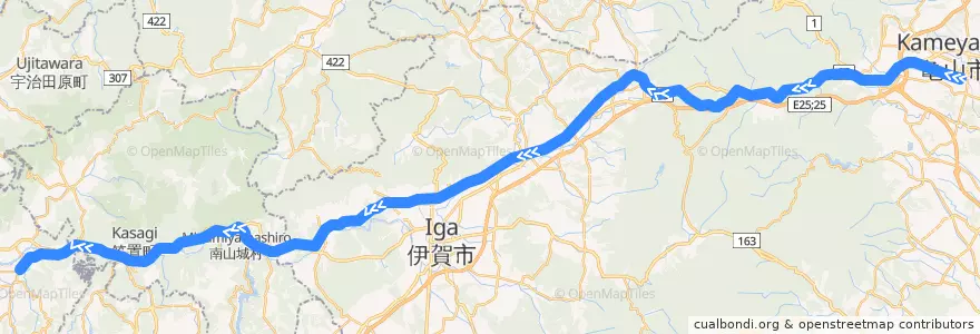 Mapa del recorrido JR関西本線 亀山-->加茂 de la línea  en Jepun.