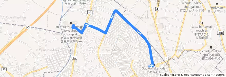 Mapa del recorrido 朝日バスSU11系統 杉戸高野台駅西口⇒昌平高校 de la línea  en 杉戸町.
