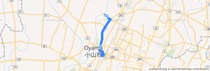 Mapa del recorrido 小山市おーバスハーヴェストウォーク線 小山温泉思川・ハーヴェストウォーク⇒小山駅西口 de la línea  en Oyama.