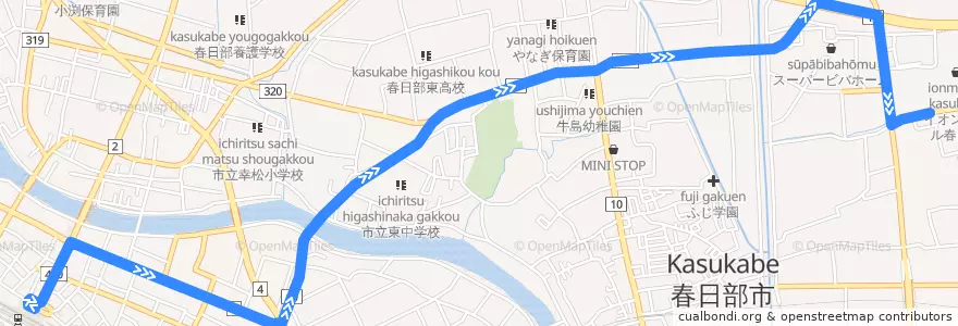Mapa del recorrido 朝日バスKB51系統 春日部駅東口⇒イオンモール春日部 de la línea  en 春日部市.