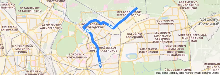 Mapa del recorrido Трамвай 2: Метро «Семёновская» => Метрогородок de la línea  en Восточный административный округ.